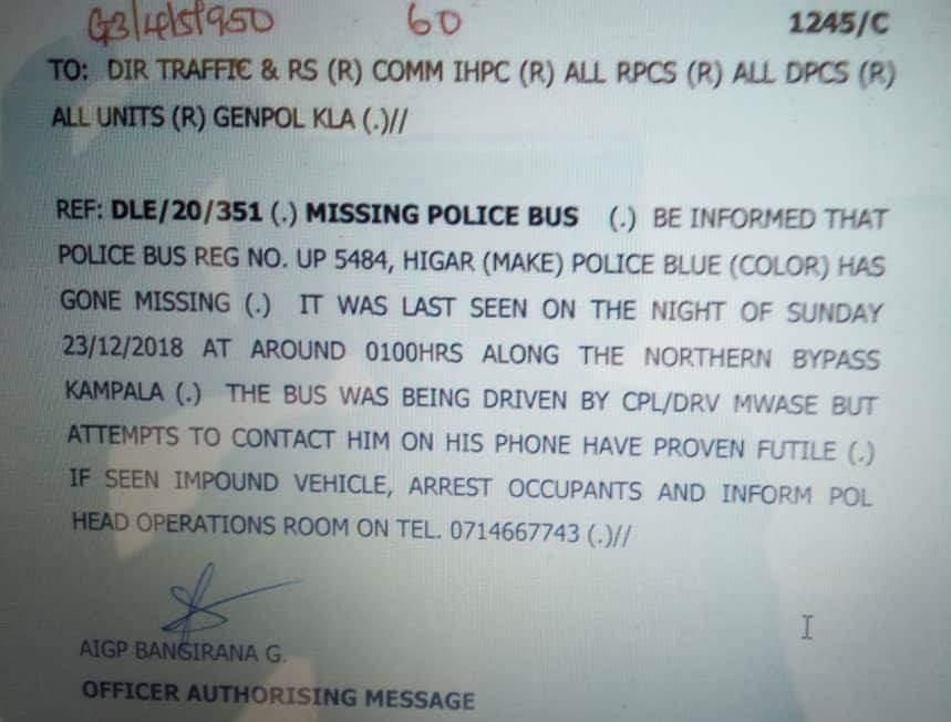 An internal police memo announcing one of their buses which has gone missing