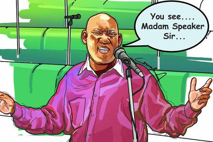 A graphic illustration by a cartoonist depicting MP Kato Lubwama, speaking incorrect English. (courtesy)