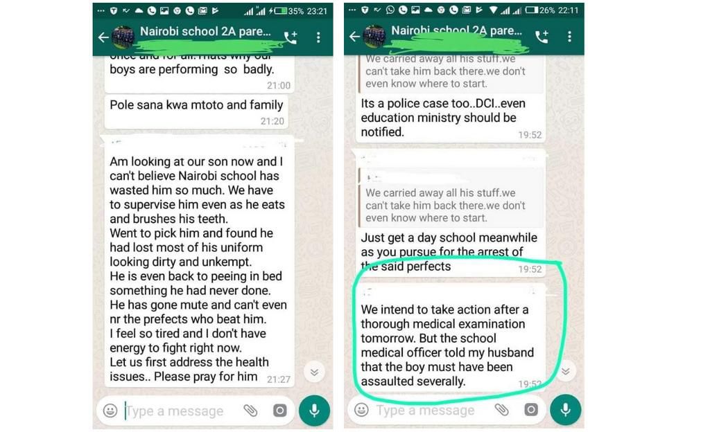 Screenshots by a parent alerting others about alleged bullying at Nairobi School