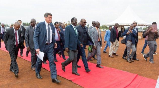 Raila Odinga arriving for the ground breaking ceremony of 1200 housing units by Unity Homes at Tatu City  on Friday