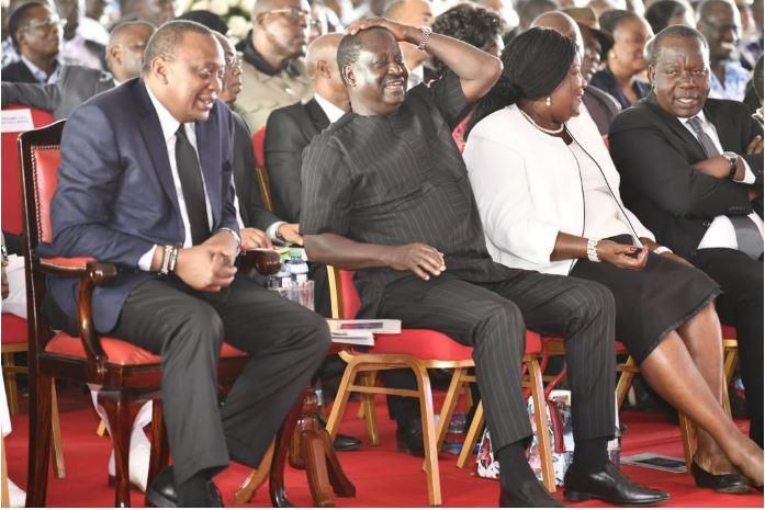 President Uhuru Kenyatta, Raila Odinga, mama Ida Odinga and CS Fred Matiangi in Kisumu on 14 June 2019