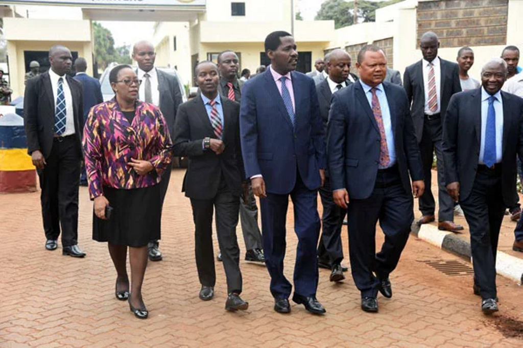 Cabinet Secretaries Sicily Kariuki (Health) Joe Mucheru (ICT) and Peter Munya (Industrialization) outside DCI offices