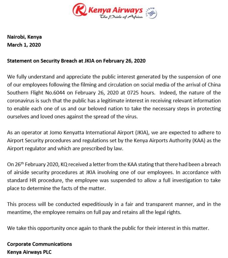 Kenya Airways issues a statement on suspension of employee