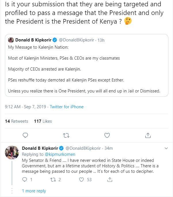 Murkomen clashes with Donald B. Kiporir after Uhuru ‘demoted all Kalenjin PSs except one’ in latest reshuffle