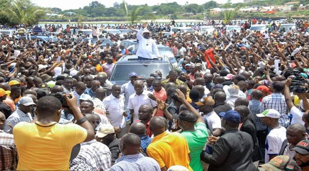Former Prime Minister Raila Odinga leaving the Mama Ngina Waterfront Park after the BBI rally in Mombasa