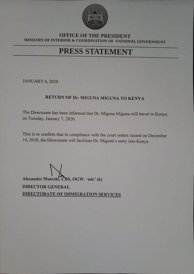 Immigration department promises to obey court order and facilitate Miguna Miguna's return to Kenya