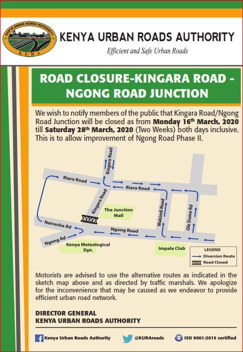 Ngong Road junction and Kingara Road to be closed for two weeks