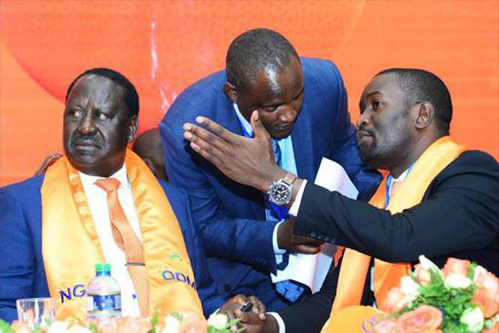 File image of ODM Party leader Raila Odinga, National Chairman John Mbadi and Secretary General Edwin Sifuna