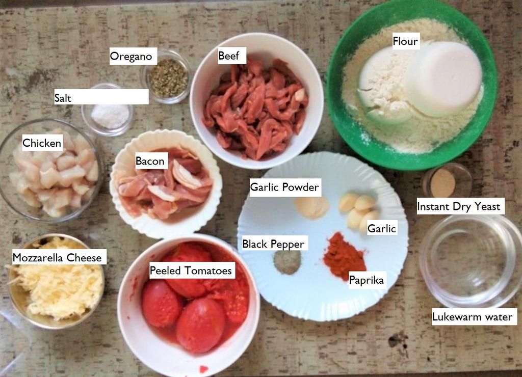Recipe with a Pulselive twist: Chicken/Mushroom pizza, Beef/Bacon pizza made from scratch. (Ingredients before cooking).