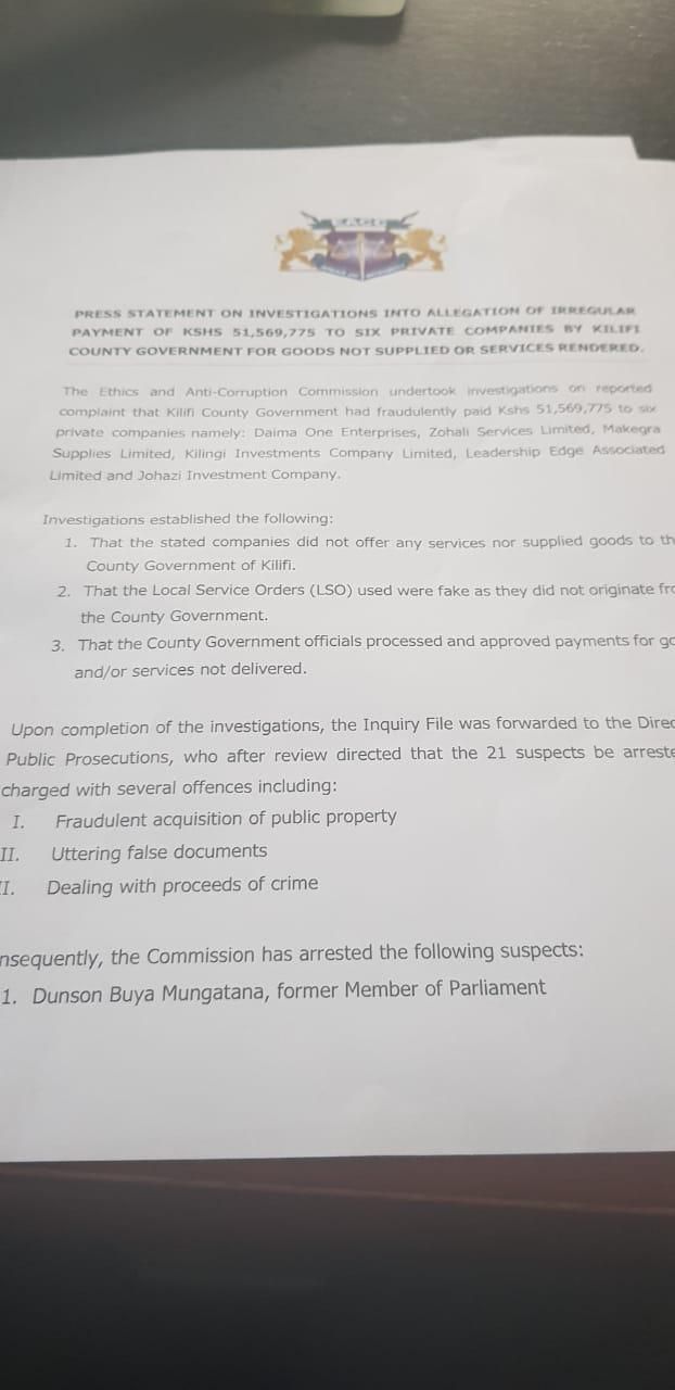 EACC statement on Mungatana's arrest