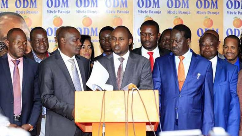 File image of ODM leaders together with party leader Raila Odinga addressing the press