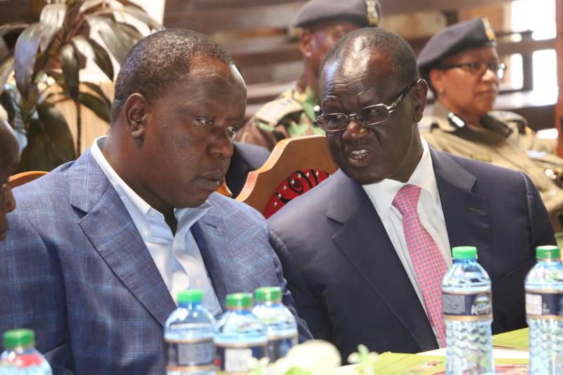 CS Fred Matiangi (left) with Meru Governor Kiraitu Murungi during his recent visit to Meru County