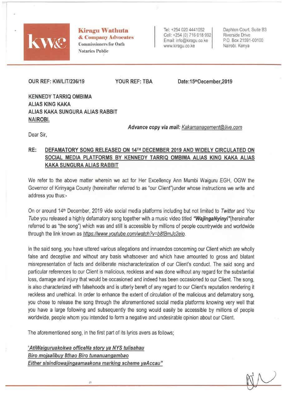 Governor Anne  Waiguru threatens to sue King Kaka