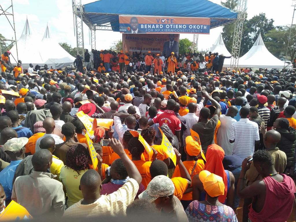 Maina Kamanda, Kivutha Kibwana,Anne Waiguru, Raila Odinga, Alfred Mutua and Charity Ngilu at a campaign rally for Bernard Imran Okoth in Kibra