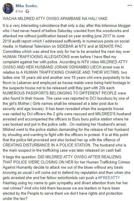 Governor Mike Sonko's Facebook post