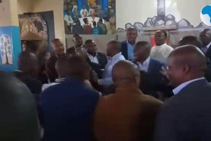 A screen-grab image of the drama as Ndindi Nyoro and Maina Kamanda fought in church, paralyzing service [Video]