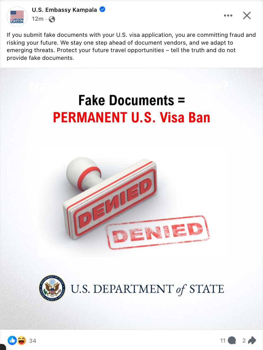 U.S. Embassy says Ugandans using fake documents to face permanent visa ban
