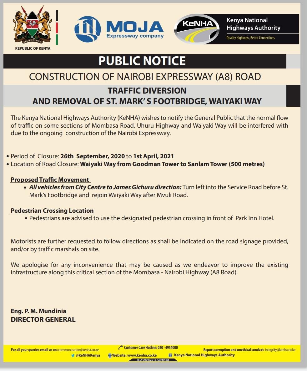 Notice from KeNHA on the closure of Waiyaki Way