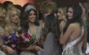 The final three Miss Universe contestants (L to R) Miss South Africa Lalela Mswane; Miss India Harnaaz Sandhu and Miss Paraguay Nadia Ferreira pose on stage during the 70th Miss Universe beauty pageant in Israel’s southern