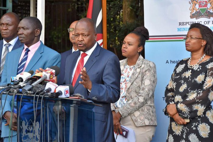 File image of Health CS Mutahi Kagwe at a past press briefing on Covid-19