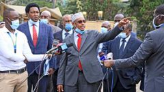 Senator Mahamud Mohamed (Mandera) addressing the media in Parliament Buildings on July 7 flanked by other senators