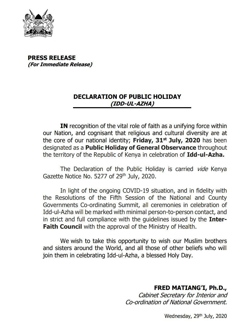 Notice from Interior CS Fred Matiang'i declaring Friday July 31, 2020 a public holiday to mark Idd-ul-Azha