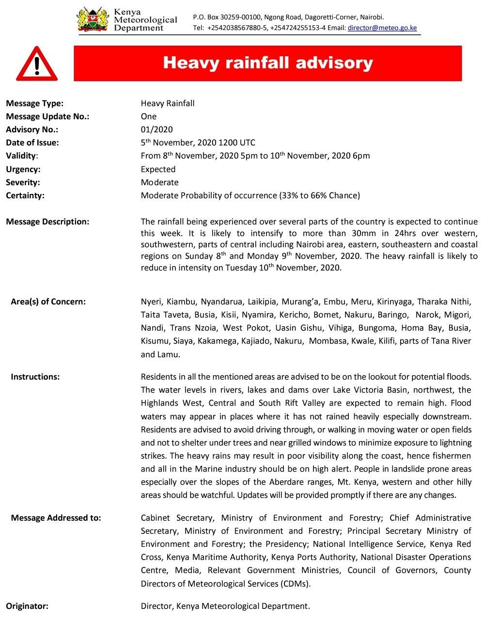 Weather advisory from the Kenya Meteorological Department