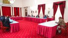 President Uhuru Kenyatta with former PM Raila Odinga, Senate leaders and CoG Chair Wycliffe Oparanya during a meeting in State House, Nairobi