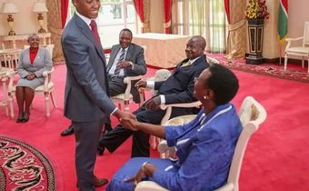 Muhoho Kenyatta, President Uhuru Kenyatta's son greets Uganda's First Lady Janet Museveni during a past state visit at State House Nairobi