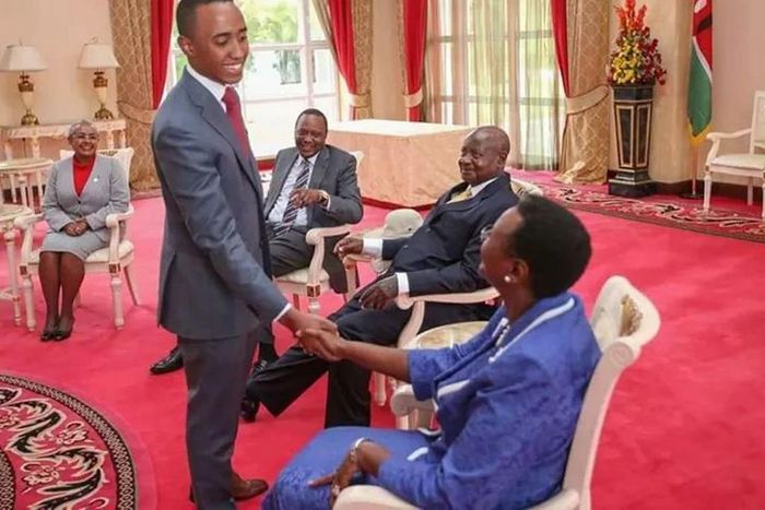 Muhoho Kenyatta, President Uhuru Kenyatta's son greets Uganda's First Lady Janet Museveni during a past state visit at State House Nairobi