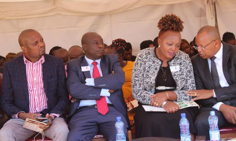 File image of Rigathi Gachagua (second from left) flanked by MPs Moses Kuria (left)), Rahab Mukami and Gichuki Mugambi
