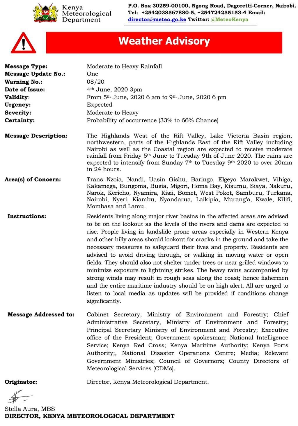 Weather Advisory from the Kenya Meteorological Department