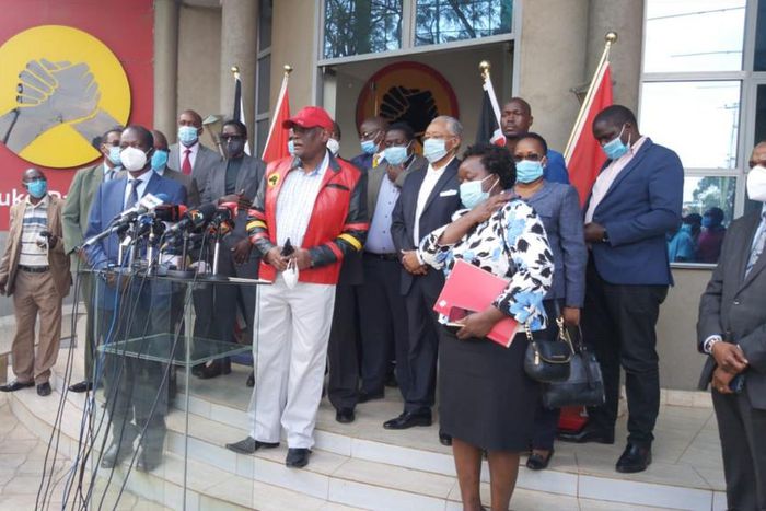 File image of David Murathe and other Jubilee party leaders addressing the press at Jubilee Party head quarters