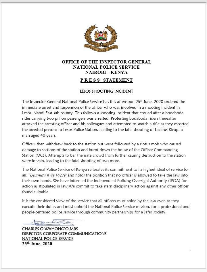 National Police service Statement on Lessos Shooting