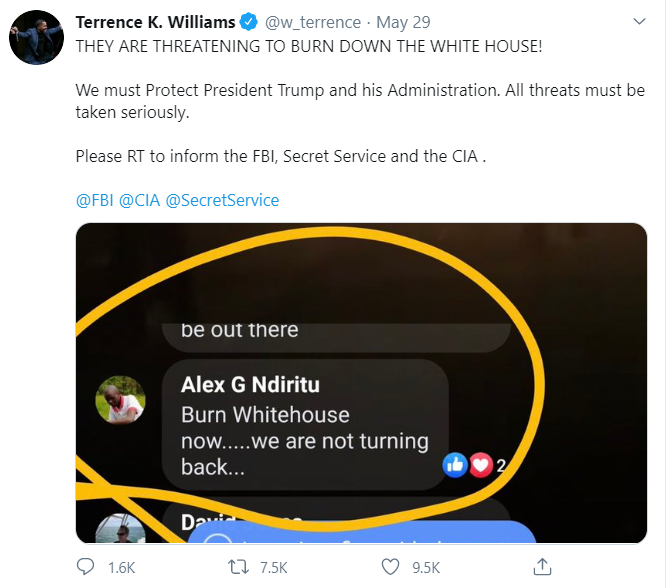 Tweet by American actor Terrence Williams highlighting Alex Ndiritu's comment on the White House