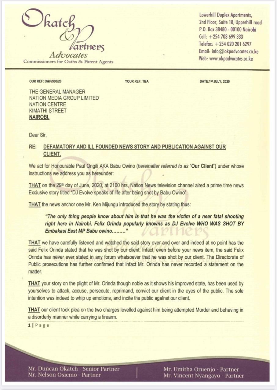 Embakasi MP Babu Owino takes legal action against NTV for saying he shot DJ Evolve
