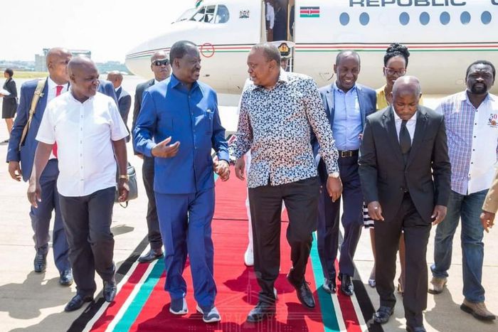 File image of President Uhuru Kenyatta with Raila Odinga in Kisumu