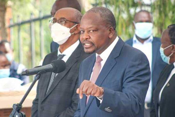 File image of Health CS Mutahi Kagwe flanked by other government officials at a Covid-19 press conference
