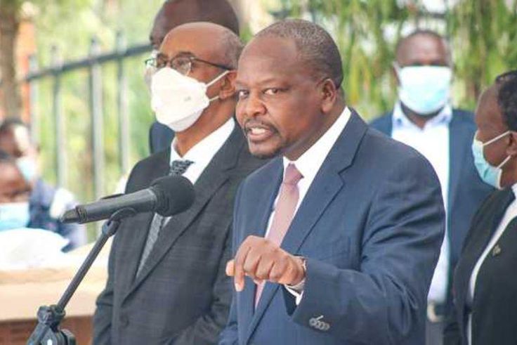 File image of Health CS Mutahi Kagwe flanked by other government officials at a Covid-19 press conference