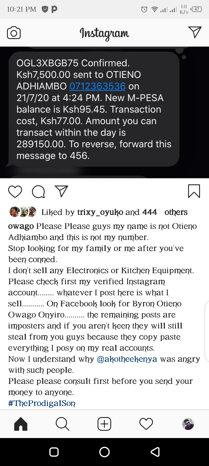 Owago's post exposing person conning people in his name