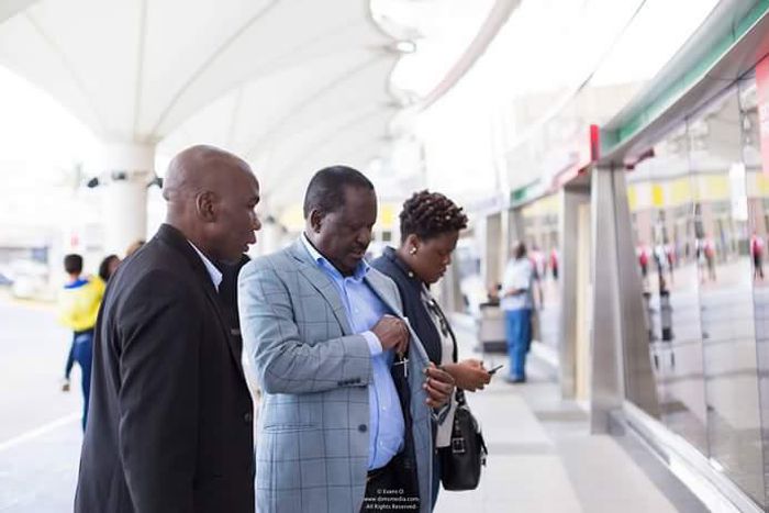 NASA leader Raila Odinga at JKIA leaving the country for Buhare in Zambia for the burial of Morgan Tsvangirai slated for Tuesday.