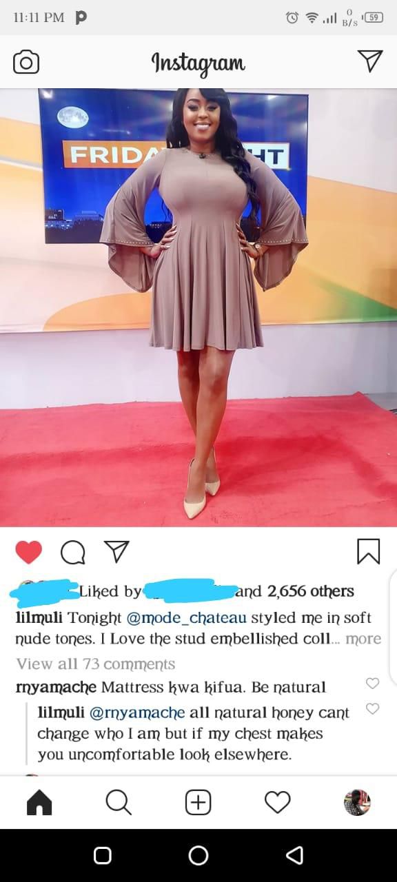 Lillian Muli tells off fan who claimed she uses mattress to make her breast look big