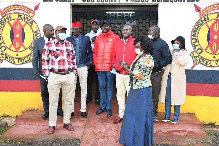 Kapsaret MP Oscar Sudi with fellow politicians when he presented himself to the Kapsaret Police Station