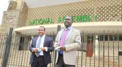 National Assembly Majority Whip Emmanuel Wangwe with Deputy Whip Maoka Maore oustide the National Assembly chambers on June8, 2020
