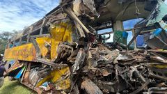The wreckage of the buses that collided along Kampala-Gulu highway in Kiryandongo District on October 22, 2025.