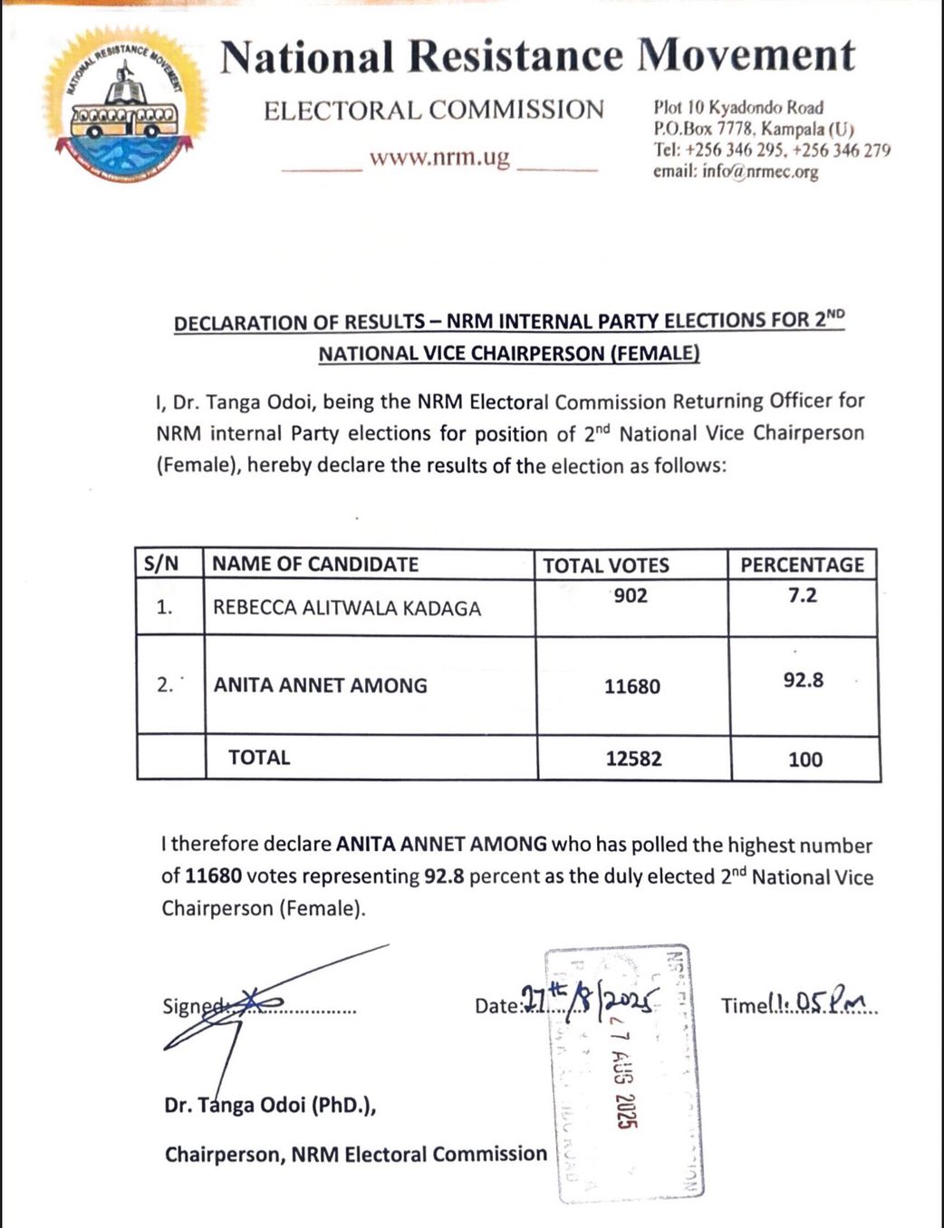 Among wins NRM CEC seat against Kadaga