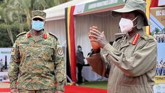 President Yoweri Museveni and Gen Muhoozi Kainerugaba at the Defense Expo in Kampala on Tuesday