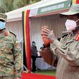 President Yoweri Museveni and Gen Muhoozi Kainerugaba at the Defense Expo in Kampala on Tuesday