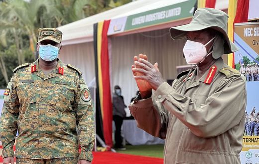 President Yoweri Museveni and Gen Muhoozi Kainerugaba at the Defense Expo in Kampala on Tuesday