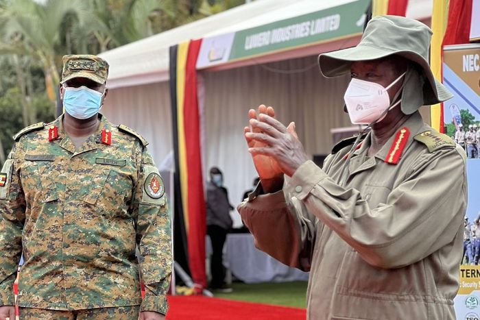 President Yoweri Museveni and Gen Muhoozi Kainerugaba at the Defense Expo in Kampala on Tuesday